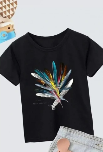 Kız Çocuk Baskılı T-Shirt- Siyah