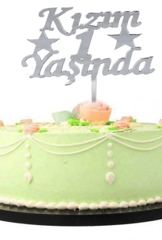 Kızım 1 Yaşında İlk Yaş Doğum Günü Partisi Pleksi Pasta Süsü Gümüş Renk (4940)