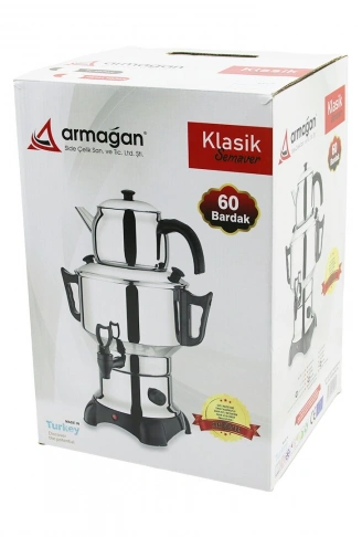 KLASİK ÇAY SETİ=DEMLİK - SU KAZANI ELEKTRİKLİ SEMAVER 60 BARDAK 6LT - TEK MUSLUK 1500W GİZLİ REZİSTANS (4940)