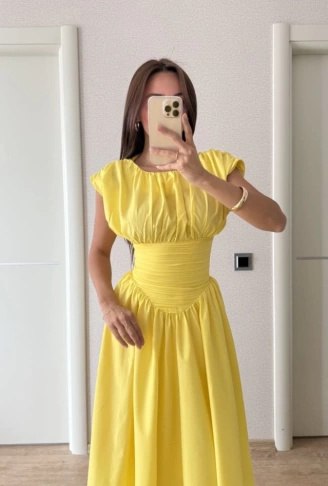 Kolsuz Bel Detaylı Yazlık Poplin Kumaş Uzun Elbise - Sarı