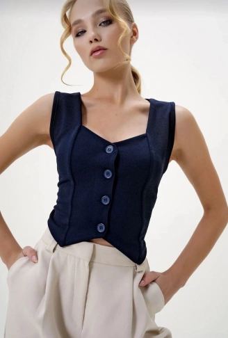 Krep kumaş düğmeli yelek lacivert s3395
