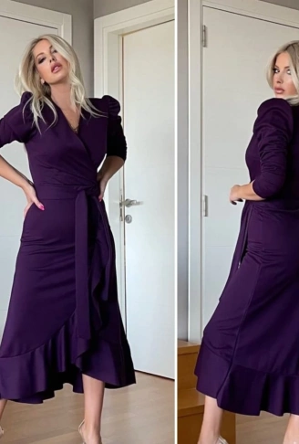 Krep Kumaş Midi Boy Kuşaklı Uzunkol Elbise