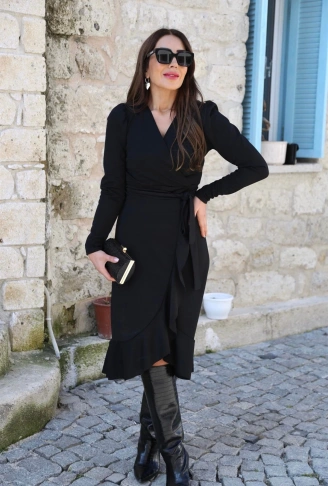 Krep Kumaş Midi Boy Kuşaklı Uzunkol Elbise 113 Cm