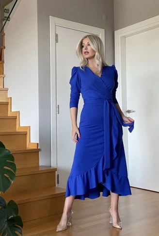 Krep Kumaş Midi Boy Kuşaklı Uzunkol Elbise