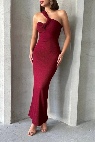 Krinkıl tek omuz uzun elbise bordo s25455