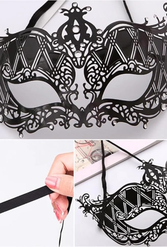 Kristal Gümüş Taşlı Siyah Renk Lazer Kesim Metal Lüks Maske Balo Parti (4940)