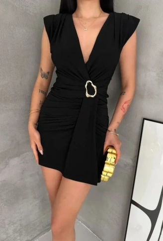 Kruvaze Drapeli Tokalı Mini Elbise Şık Gece Davet Abiye - Siyah