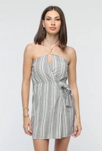 Kuşaklı çizgili mini keten elbise