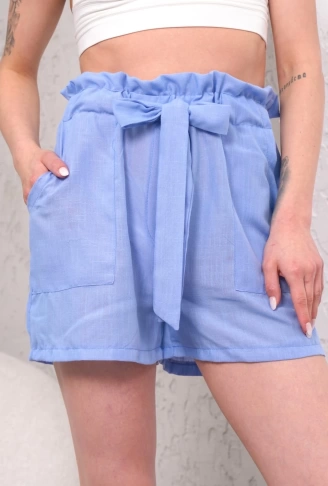Kuşaklı keten şort mavi s255265