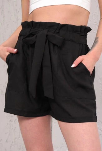 Kuşaklı keten şort siyah s255265