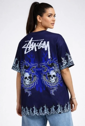 Lacivert Oversize Tişört Dragon - Kuru Kafa Baskılı Bisiklet Yaka T-Shirt - Lacivert