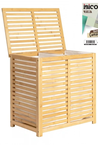 LAUNDRY BASKET 2 BÖLMELİ AHŞAP BAMBU KİRLİ ÇAMAŞIR SEPET KUMAŞ ÇANTALI SEPET=50X38X55CM (4940)