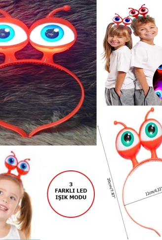 Led Işıklı &amp;amp; Pilli 3 Farklı Modda Yanan Uzaylı Göz Parti Tacı Kırmızı Renk 18x12 cm (4940)