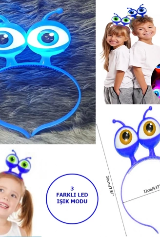 Led Işıklı &amp;amp; Pilli 3 Farklı Modda Yanan Uzaylı Göz Parti Tacı Mavi Renk 18x12 cm (4940)
