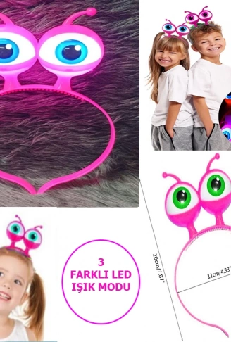 Led Işıklı &amp;amp; Pilli 3 Farklı Modda Yanan Uzaylı Göz Parti Tacı Pembe Renk 18x12 cm (4940)