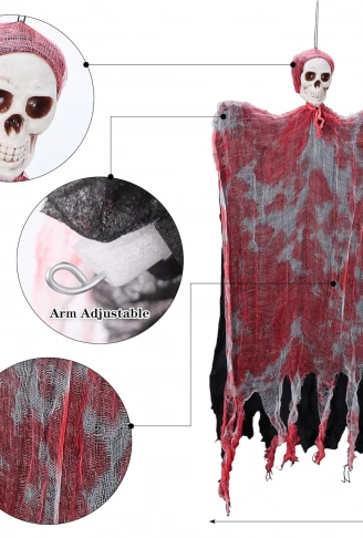 Led Işıklı Kahkaha Atan Sesli Sensörlü Ürpertici Kuru Kafa Kanlı Korku Hayalet Saçaklı Dekor 90x50 cm (4940)