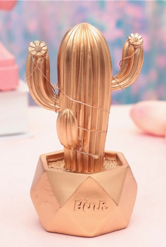 Led Işıklı Sevimli Kaktüs Dekoratif Masa Lambası Mini Biblo Gece Lambası-GOLD (4940)