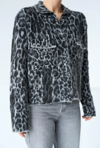 Leopar Desen Jakarlı Hırka - Siyah-Açık Gri