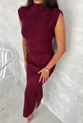 Likralı Simli Kumaş Yandan Yırtmaçlı Uzun Elbise Şık Kolsuz Abiye - Bordo