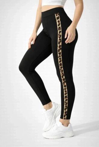 Likralı Yan Leopar Şeritli Detaylı Tayt - Siyah
