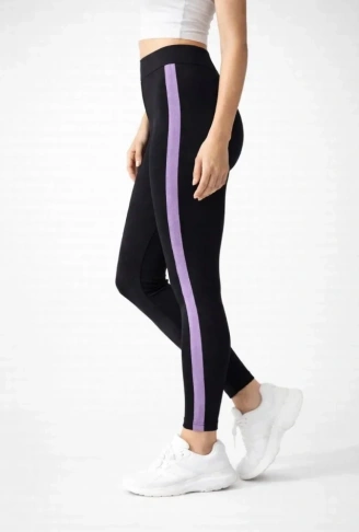 Likralı Yan Lila Şeritli Detaylı Tayt - Siyah