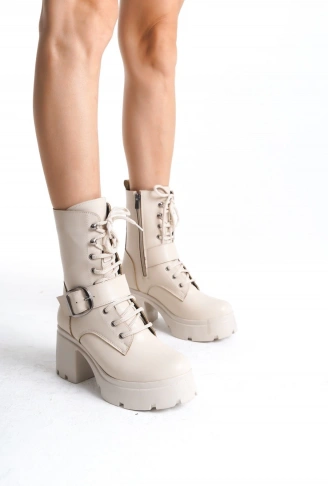 Linma Bej Cilt Bağcıklı Topuklu Bot