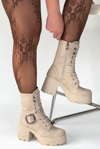 Linma Bej Nubuk Bağcıklı Topuklu Bot
