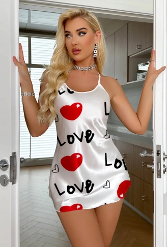 Love Desenli Beyaz Saten Gecelik