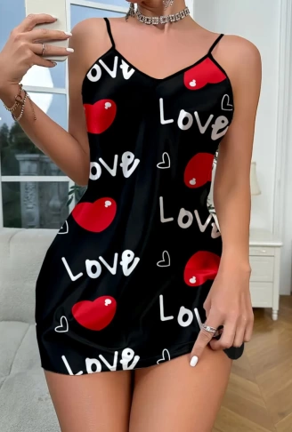 Love Desenli Saten Gecelik