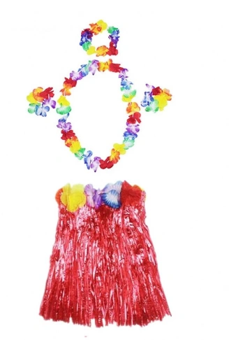 Luau Aloha Hawaii  Kolye Etek Taç ve Bileklik Seti Kırmızı (4940)