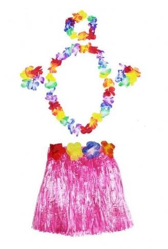 Luau Aloha Hawaii  Kolye Etek Taç ve Bileklik Seti Pembe (4940)