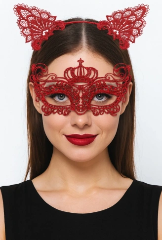 Lüks Kırmızı Dantel Taçlı Maske Seti 2 No - Parti, Balo, Kostüm Aksesuarı (4940)