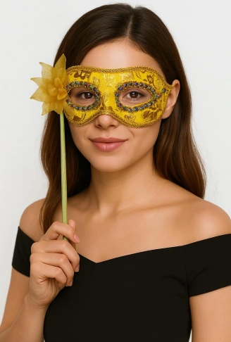 Lüks Taşlı Saplı Maskeli Balo Maskesi Altın Renk 35 cm (4940)