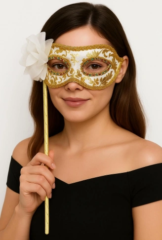 Lüks Taşlı Saplı Maskeli Balo Maskesi Beyaz Renk 35 cm (4940)