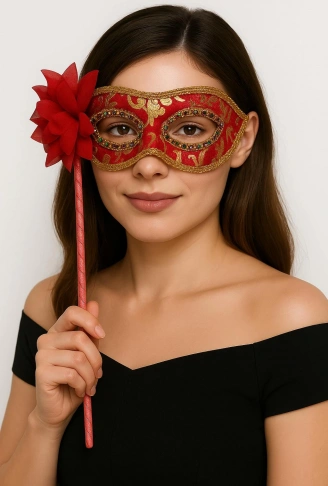 Lüks Taşlı Saplı Maskeli Balo Maskesi Kırmızı Renk 35 cm (4940)