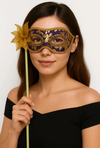 Lüks Taşlı Saplı Maskeli Balo Maskesi Mor Renk 35 cm (4940)