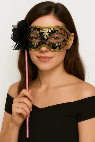 Lüks Taşlı Saplı Maskeli Balo Maskesi Siyah Renk 35 cm (4940)