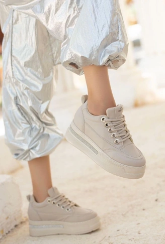 Lulu Bej Cilt Bağcıklı Spor Ayakkabı