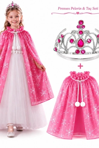 Masal Prensesi Pembe Pelerin ve Taç Seti (85 cm) (4940)