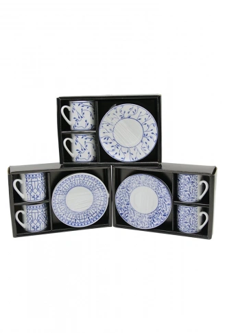 MAVİ - BEYAZ 4PCS=2-TAKIM  PORSELEN KAHVE FİNCANI  ÇİÇEK - ÇİZGİ - NOKTA MİX DESEN (4940)
