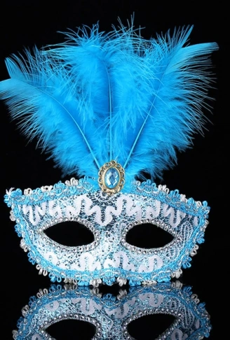 Mavi Dantel İşlemeli Mavi Tüylü Balo Parti Maskesi 17x20 cm (4940)