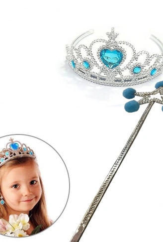 Mavi Ponponlu Karlar Ülkesi Elsa Asası ve Mavi Kalp Taşlı Elsa Tacı (4940)