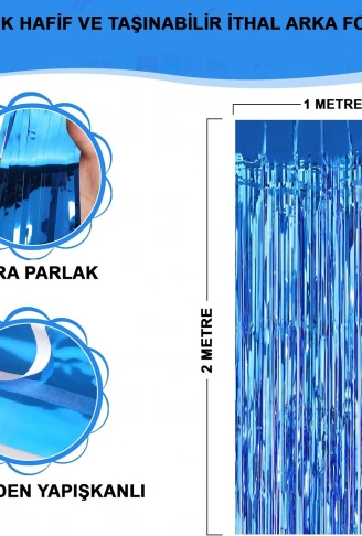 Mavi Renk Ekstra Metalize Parlak Saçaklı Arka Fon Perde İthal A Kalite 1x2 Metre (4940)