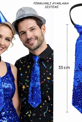 Mavi Renk Pul Payetli Işıltılı Parti Kravatı 33 cm (4940)