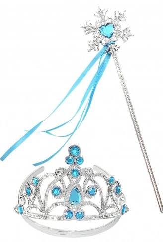 Mavi Taşlı Elsa Çocuk Taç ve Kar Temalı Kurdeleli Elsa Asası Sopası (4940)