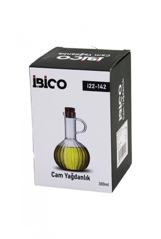 MİNİ CAM YAĞDANLIK ÇİZGİLİ DESEN 300ML AHŞAP BAMBU MANTAR TIPA (4940)