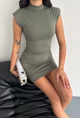 Mini Elbise Yarım Balıkçı Yaka Vücuda Oturan Şık Günlük Elbise - Mint Yeşili