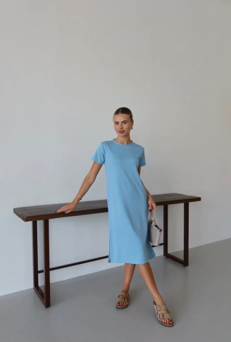 Modal yırtmaçlı elbise mavi pt