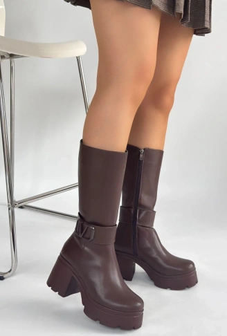 Moki Kahverengi Cilt Topuklu Çizme