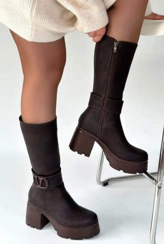 Moki Kahverengi Nubuk Topuklu Çizme